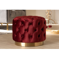 Baxton Studio TSFOT030-Burgundy/Gold-Otto Valeria Glam Burgundy Red Velvet Fabric Upholstered Gold-Finished Button Tufted Ottoman